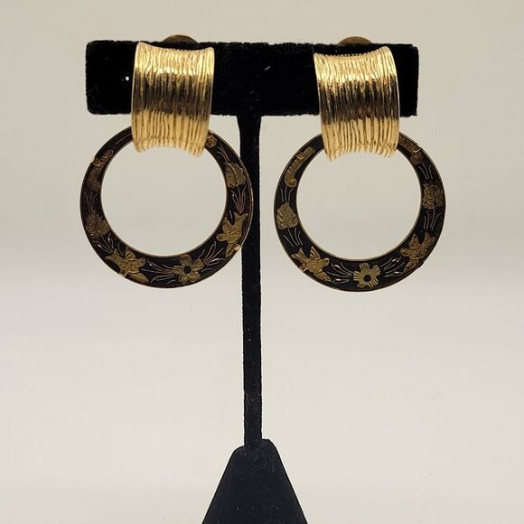 Vintage Givenchy Spanish Damascene Bird Flower Dangle Clip on earrings - Picture 4 of 16